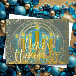 Tarjeta Festiva Con Relieve Metalizado Hanukkah Menorah Dibujar Gris Azul Amarillo