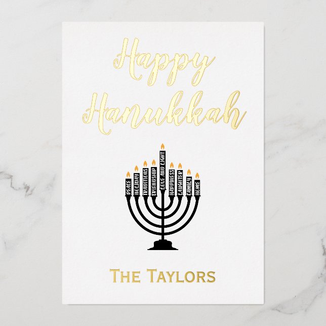 Tarjeta Festiva Con Relieve Metalizado Hanukkah Menorah dorado y blanco (Anverso)