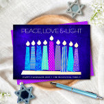 Tarjeta Festiva Con Relieve Metalizado Hanukkah Velas de Paz Luz de Amor Azul Real Oro<br><div class="desc">"Paz, amor y luz". Un ilustracion juguetón, moderno y artístico de velas de patrón boho en una menorah te ayuda a iniciar las vacaciones de Hanukkah. Las velas azules variadas con coloridos patrones reales de Relieve metalizado dorado, las llamas del Relieve metalizado de oro real y la menorah, superponen un...</div>