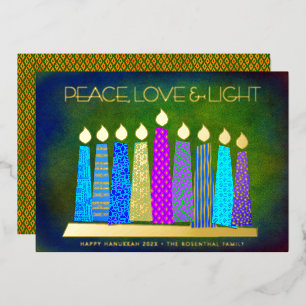 Tarjeta Festiva Con Relieve Metalizado Hanukkah Velas de Paz Luz de Amor Verde Oro Real