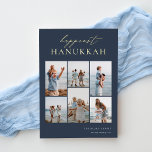 Tarjeta Festiva Con Relieve Metalizado Happiest Hanukkah Elegant 6 Collage de fotos<br><div class="desc">Comparte alegría con estas modernas tarjetas de vacaciones de Hanukkah con 6 de tus fotos favoritas en un diseño de collage de cuadrícula. "Hanukkah más feliz" aparece en la parte superior en caligrafía con letras en papel de Relieve metalizado dorado y letras en serif clásicas en un fondo azul marino....</div>