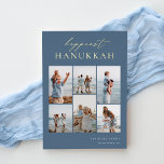 Tarjeta Festiva Con Relieve Metalizado Happiest Hanukkah Elegant 6 Collage de fotos<br><div class="desc">Comparte alegría con estas modernas tarjetas de vacaciones de Hanukkah con 6 de tus fotos favoritas en un diseño de collage de cuadrícula. El "Hanukkah más feliz" aparece en la parte superior en caligrafía con letras de Relieve metalizado dorado y letras de serif clásicas sobre un polvoriento fondo azul de...</div>