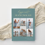Tarjeta Festiva Con Relieve Metalizado Happiest Hanukkah Elegant 6 Collage de fotos<br><div class="desc">Comparte alegría con estas modernas tarjetas de vacaciones de Hanukkah con 6 de tus fotos favoritas en un diseño de collage de cuadrícula. El "Hanukkah más feliz" aparece en la parte superior en caligrafía con letras de Relieve metalizado dorado y letras clásicas en serif sobre un polvoriento fondo verde azulado....</div>
