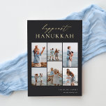 Tarjeta Festiva Con Relieve Metalizado Happiest Hanukkah Elegant 6 Collage de fotos<br><div class="desc">Comparte alegría con estas modernas tarjetas de vacaciones de Hanukkah con 6 de tus fotos favoritas en un diseño de collage de cuadrícula. "Hanukkah más feliz" aparece en la parte superior en caligrafía con letras de Relieve metalizado dorado y letras de serif clásicas en un suave fondo negro. Personalice con...</div>