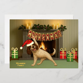 Tarjeta Festiva Con Relieve Metalizado Happy Christmas dog yoga 
