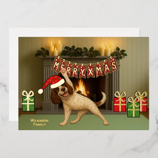 Tarjeta Festiva Con Relieve Metalizado Happy Christmas dog yoga  (Anverso/Reverso)