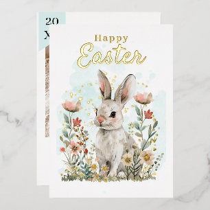 Tarjeta Festiva Con Relieve Metalizado Happy Easter Sweet Bunny Photo