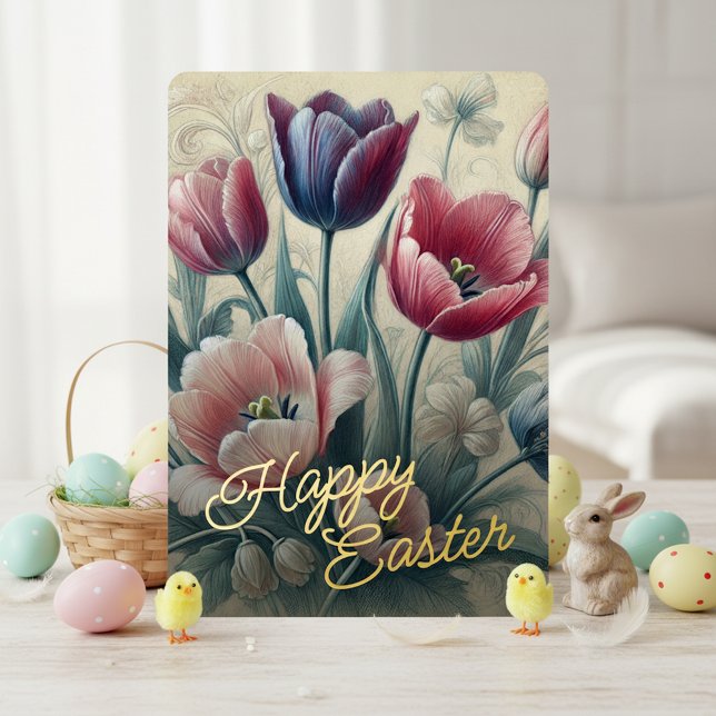 Tarjeta Festiva Con Relieve Metalizado Happy Easter Tulip Floral Gold Foil Card (Subido por el creador)