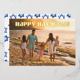 Tarjeta Festiva Con Relieve Metalizado Happy Hanukkah Holiday Card Moderno Family Photo
