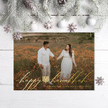 Tarjeta Festiva Con Relieve Metalizado Happy Hanukkah Menorah Hanukkiah Photo<br><div class="desc">Happy Hanukkah in flowy letters with hanukkiah in the center printed in foil over full bleed photo; also available in flat printing</div>