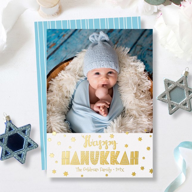 Tarjeta Festiva Con Relieve Metalizado Happy Hanukkah Photo Moderne Whimsical Real Gold (Subido por el creador)