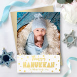 Tarjeta Festiva Con Relieve Metalizado Happy Hanukkah Photo Whimsical Stars Real Gold<br><div class="desc">“Happy Hanukkah.” Fun, playful, whimsical handcrafted real gold foil typography and a random Star of David pattern overlay a clean, white background. Add the photo of your choice and help usher in Hanukkah with this stunning, colorful, personalized real gold foil greeting card. Faux gold metallic ombre is on the back....</div>