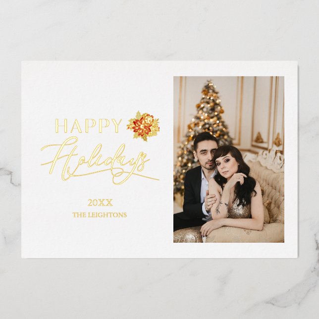 Tarjeta Festiva Con Relieve Metalizado Happy Holiday Whimsical Poinsettia Christmas Photo (Anverso)