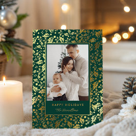 Tarjeta Festiva Con Relieve Metalizado Happy Holidays Elegant Holly Berry Green