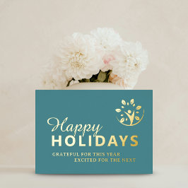 Tarjeta Festiva Con Relieve Metalizado Happy holidays logo business turquoise gold foil