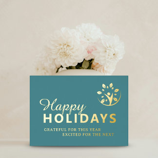 Tarjeta Festiva Con Relieve Metalizado Happy holidays logo business turquoise gold foil