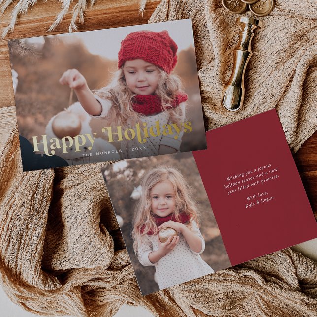 Tarjeta Festiva Con Relieve Metalizado Happy Holidays Two Photo Gold (Subido por el creador)