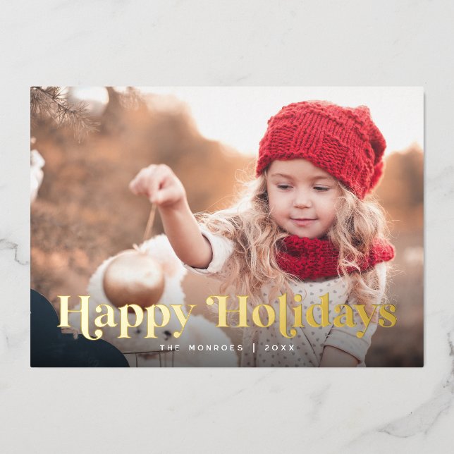 Tarjeta Festiva Con Relieve Metalizado Happy Holidays Two Photo Gold (Anverso)