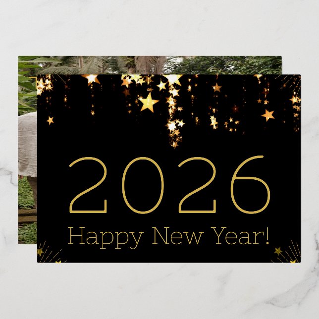 TARJETA FESTIVA CON RELIEVE METALIZADO HAPPY NEW YEAR 2026 GOLD STARS FAMILY PHOTO BACK (Anverso/Reverso)