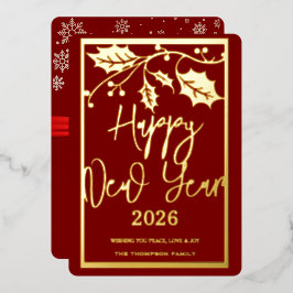 Tarjeta Festiva Con Relieve Metalizado Happy New Year 2026, red ribbon