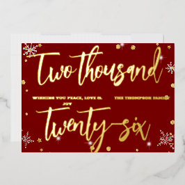 Tarjeta Festiva Con Relieve Metalizado Happy New Year 2026 Retro Red Ribbon