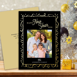 Tarjeta Festiva Con Relieve Metalizado Happy New Year Photo Message Script Gold