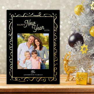 Tarjeta Festiva Con Relieve Metalizado Happy New Year Photo Script Gold Foil