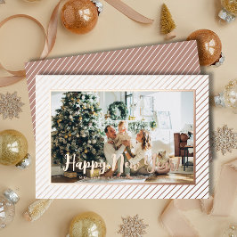 Tarjeta Festiva Con Relieve Metalizado  Happy New Year Rose Gold Pinstripe