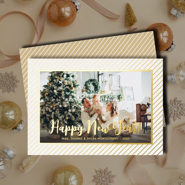 Tarjeta Festiva Con Relieve Metalizado  Happy New Year Silver Pinstripe (Happy New Year REAL gold foil diagonal pinstripes holiday greeting cards)
