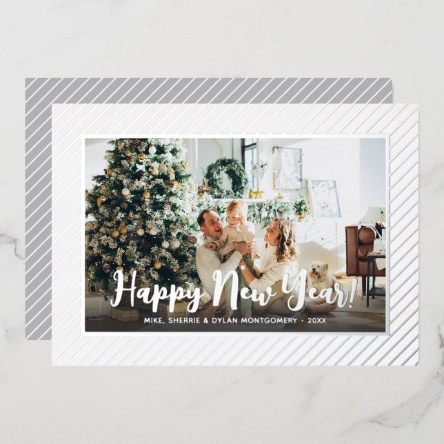 Tarjeta Festiva Con Relieve Metalizado  Happy New Year Silver Pinstripe (Anverso/Reverso)