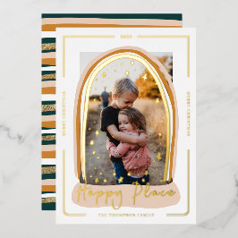 Tarjeta Festiva Con Relieve Metalizado Happy Place Modern Snow Globe Navidades Photo