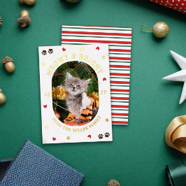 Tarjeta Festiva Con Relieve Metalizado Hearts Stars Paws Meowy Bright Cat Christmas Gold