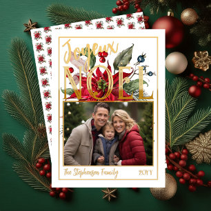 Tarjeta Festiva Con Relieve Metalizado Hermosa Poinsettia y Berries Joyeux Noël