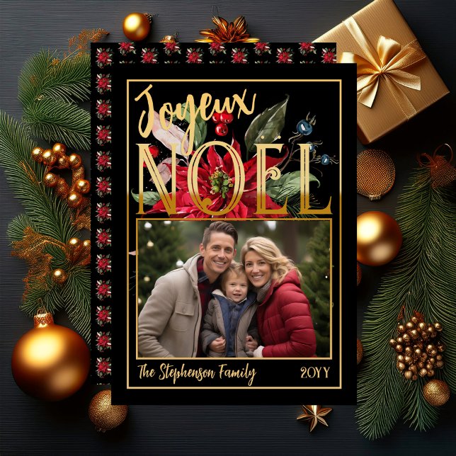 Tarjeta Festiva Con Relieve Metalizado Hermosa Poinsettia y Berries Joyeux Noël ("Joyeux Noël" French "Merry Christmas" Gold Foil and Black Poinsettia | Berries Flat Greeting Card)