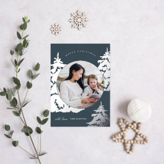 Tarjeta Festiva Con Relieve Metalizado Hermoso árbol azul de Navidad Dos festividades fot