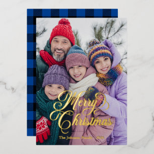 Tarjeta Festiva Con Relieve Metalizado Hermoso guión negro azul profundo Plaid Búfalo Fot