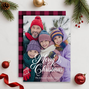 Tarjeta Festiva Con Relieve Metalizado Hermoso guión negro borgoña Búfalo Plaid Foto