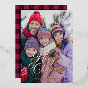 Tarjeta Festiva Con Relieve Metalizado Hermoso guión negro borgoña Búfalo Plaid Foto