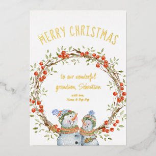 Tarjeta Festiva Con Relieve Metalizado Hermoso hombre de nieve de Navidad corona de bayas