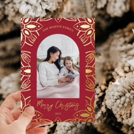 Tarjeta Festiva Con Relieve Metalizado Hermoso marco botánico Navidades de fotografía roj