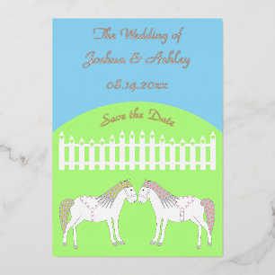 Tarjeta Festiva Con Relieve Metalizado Hermoso Personalizado de caballos Boda blanco