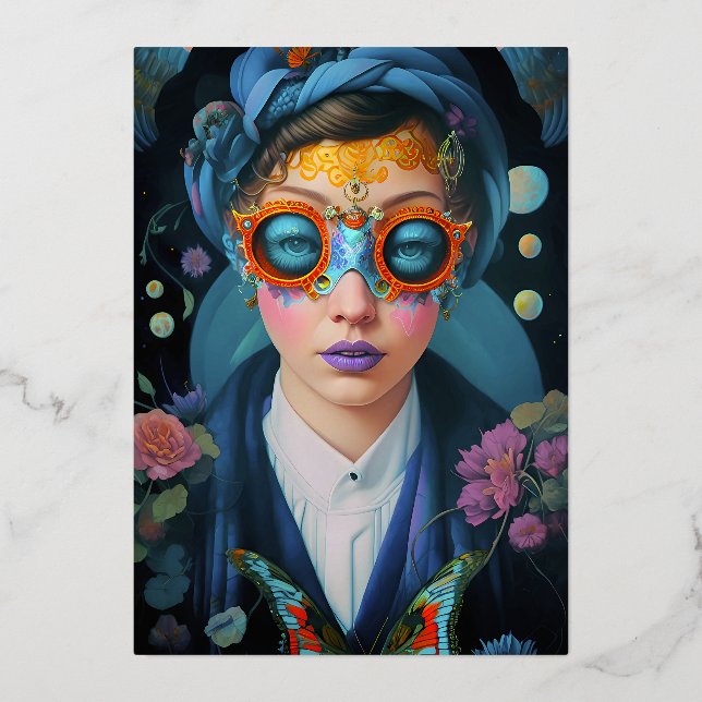 Tarjeta Festiva Con Relieve Metalizado Hermoso retrato de una mujer mística (Anverso)