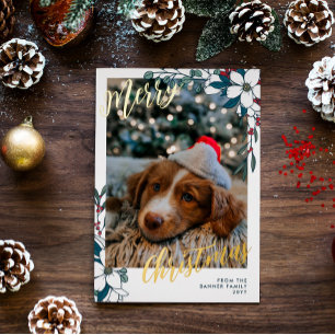 Tarjeta Festiva Con Relieve Metalizado Hermosos Florales Blancos Rojos Foto Feliz Navidad