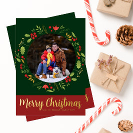 Tarjeta Festiva Con Relieve Metalizado Hermosos Navidades botánicos Wreath Photo Gold