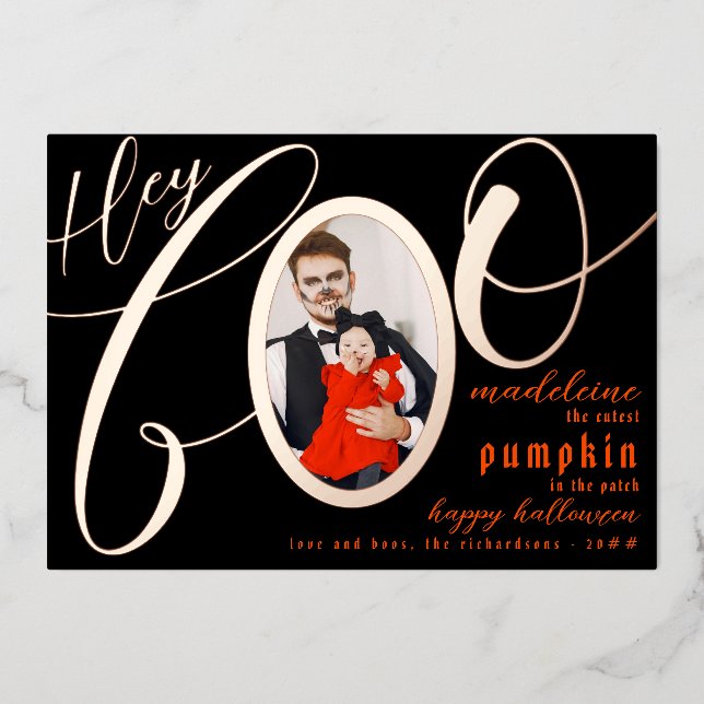 Tarjeta Festiva Con Relieve Metalizado Hey Boo Black Halloween Gold Letting Baby Photo (Anverso)