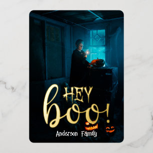 Tarjeta Festiva Con Relieve Metalizado ¡Hey Boo! Foto de la carta de oro de Halloween