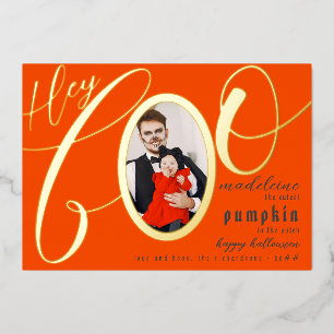 Tarjeta Festiva Con Relieve Metalizado Hey Boo Naranja Halloween Gold Letting Baby Photo