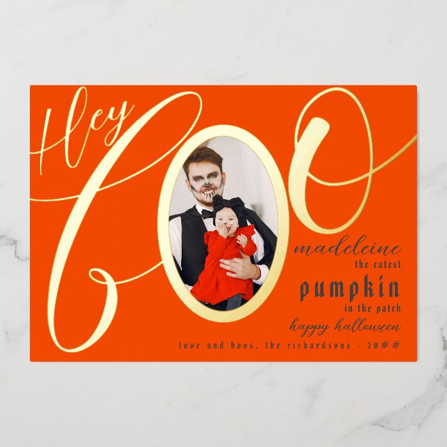 Tarjeta Festiva Con Relieve Metalizado Hey Boo Naranja Halloween Gold Letting Baby Photo (Anverso)