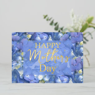 Tarjeta Festiva Con Relieve Metalizado Hidrángulos azules florecen el día de la madre
