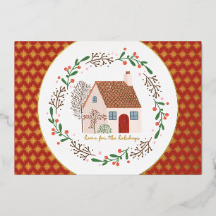 Tarjeta Festiva Con Relieve Metalizado Hogar para los Navidades de vacaciones de oro